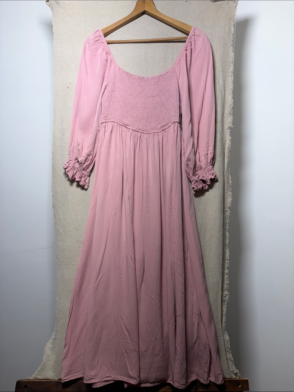 Smocked Bodice Pink Maxi Dress with Ruffle Cuffs
